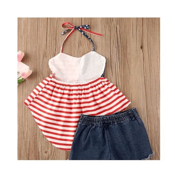 2pc Patriotic Girls Asymmetrical Halter Dress with Blue Jean Shorts Size 1-2Y-6Y - Picture 2 of 5